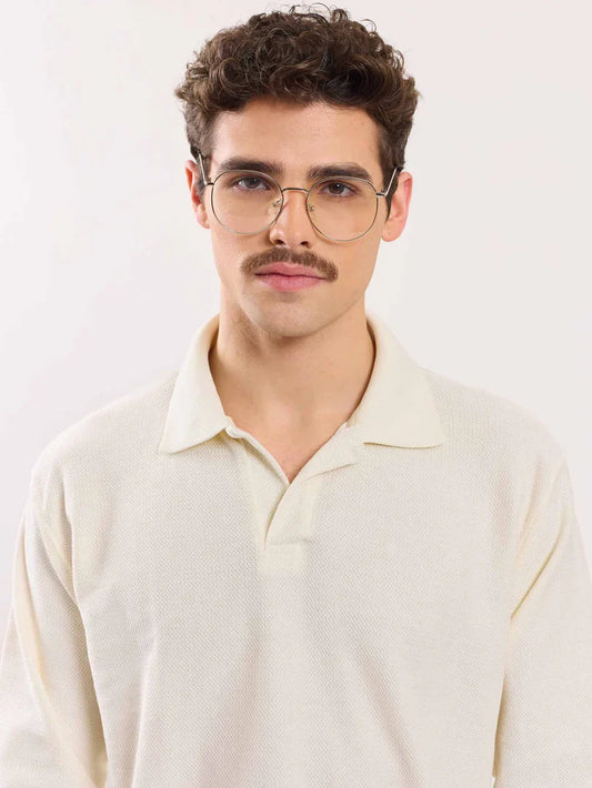 Cream Jacquard Knit Polo T-shirt