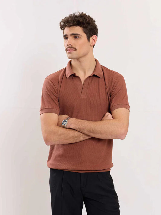 Brown Waffle Knit Polo T-shirt
